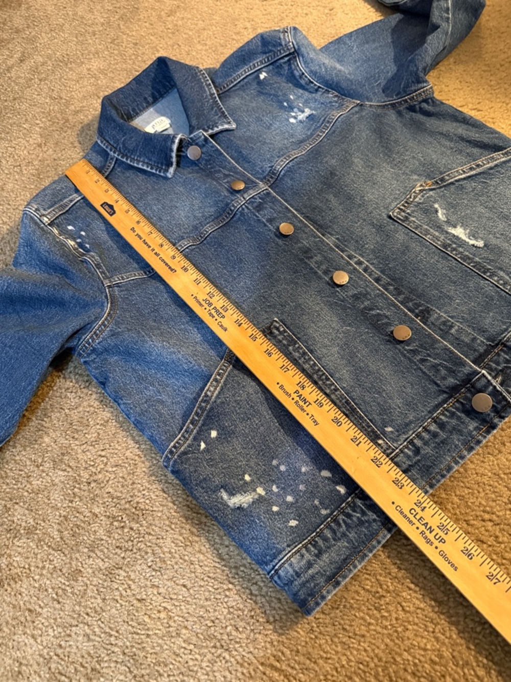 a.n.a. Women’s Distressed Blue Denim Jacket with Paint-Splatter Detail - Picture 5 of 10